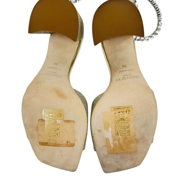 New Jimmy Choo Saeda Block Heel Glitter Crystals Sandals Platinum Size 38 - Picture 11 of 14